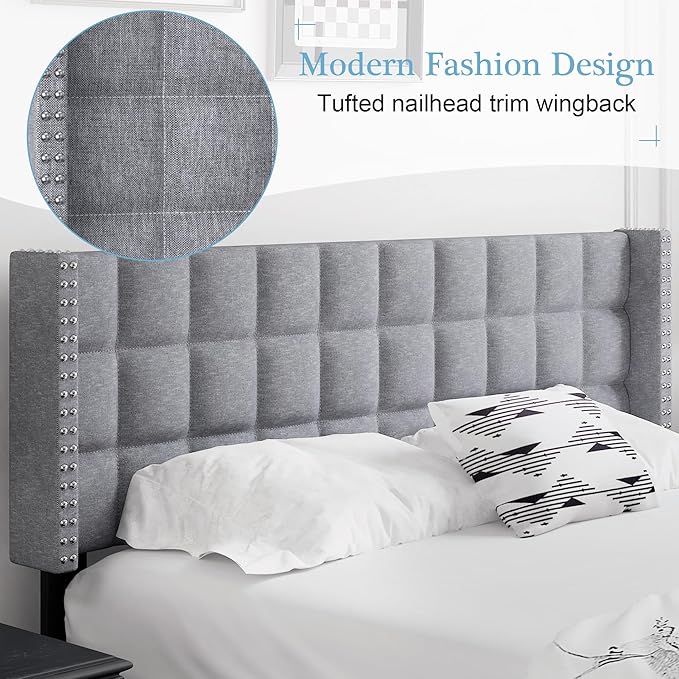 VECELO Headboard Queen Size, Linen Upholstered Headboards Only with Nailhead Trim Wingback, Square Stitched Design, Adjustable Height from 40" to 49.8", Light Grey-Ruum Studio Home