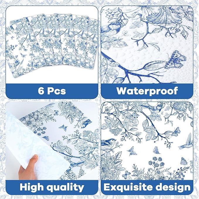Blue Floral Placemats Set of 6 Flower Bird Plastic Table Mats Seasonal Spring Placemats Chinoiserie Place Mats Rustic Vintage Table Decoration for Indoor Outdoor Party Kitchen Dining-Ruum Studio Home
