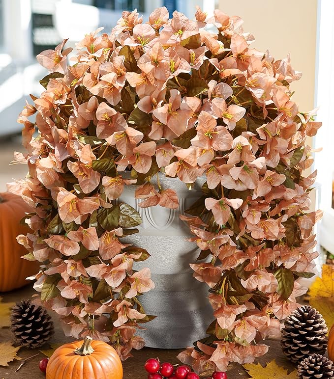 Bougainvillea Artificial Flowers Plants for Outdoors Outside Fall Autumn Decoration, 2 pcs Faux Silk Long Trailing Vines UV Resistant Look Real Brown Fake Flowers for Front Door Porch Planter Urn Yard-Ruum Studio Home