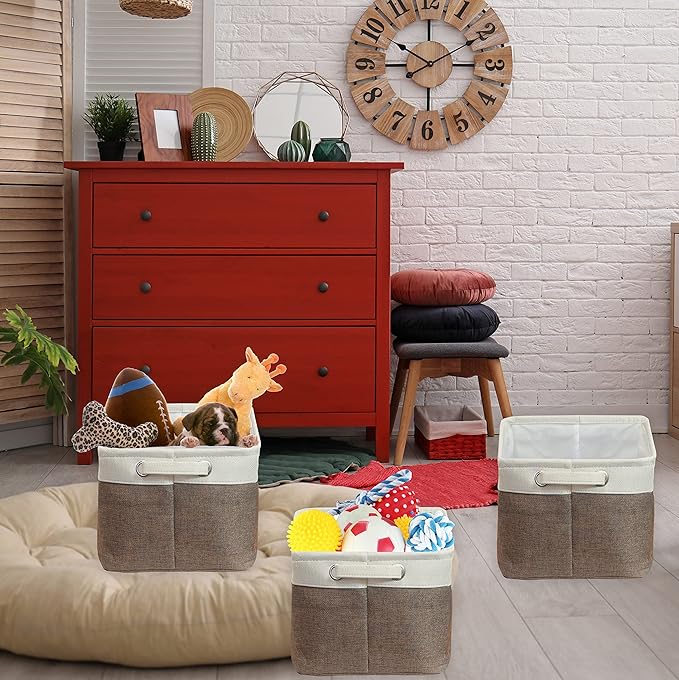SIMPLE HOUSEWARE Large Fabric Storage Bin, 14.4" x 10" with Handles, 3-Pack, Foldable Organizer for Closet and Shelf, Brown-Ruum Studio Home