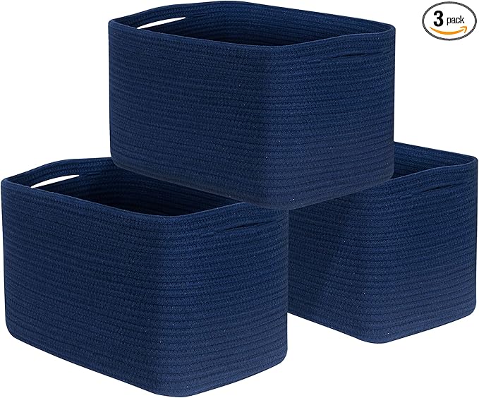 MINTWOOD Design 3-Pack Decorative Woven Storage Baskets for Shelves, Cube Bin Box for Organizing Books, Shoes, Dog Toys, Pantry Closet and Living Room Organizer, Navy Blue-Ruum Studio Home