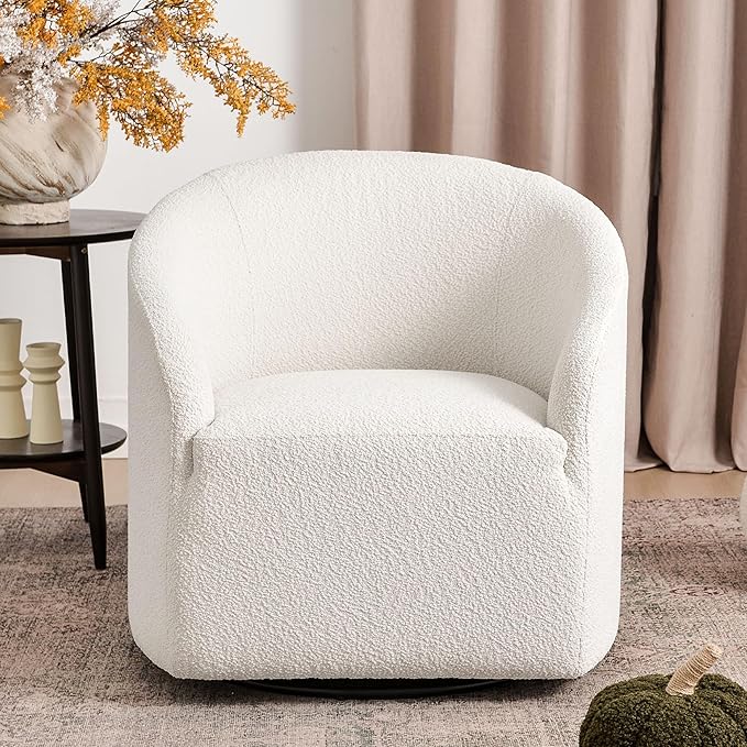 KINWELL 32" Wide Modern Boucle Swivel Barrel Chair, No Assembly Round Upholstered Swivel Accent Armchair for Living Room, Bedroom, Office (White)-Ruum Studio Home