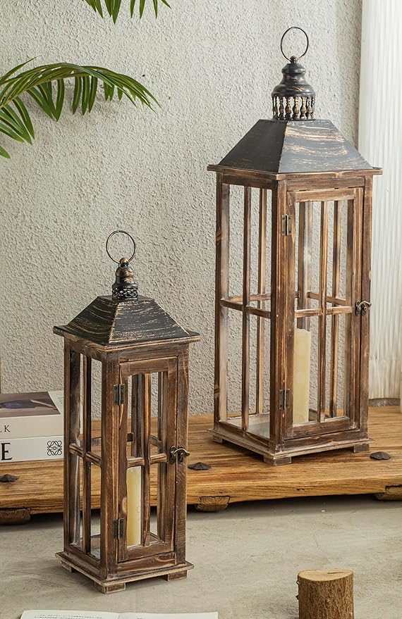 Large Farmhouse Wooden Decorative Lantern Set of 2, Rustic Distressed Brown Burnt Wood Floor Candle Lanterns, Indoor/Outdoor Hanging Lanterns for Home Decor (No Glass)-Ruum Studio Home