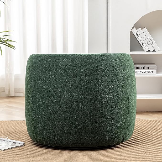 KINWELL 34" Wide Boucle Swivel Barrel Chair, No Assembly Round Upholstered Armchair Accent Chair Single Sofa Chair with Toss Pillow for Living Room and Bedroom, Green-Ruum Studio Home