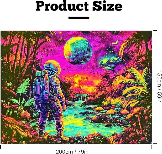 BVBOX Astronaut Space Blacklight Tapestry 79"x59", UV Reactive Astronaut Tropical Rainforest Universe Galaxy Planet Glow in Dark Tapestries, Black Light Neon Upright Poster Wall Hanging Backdrop Decor for Bedroom Living Room-Ruum Studio Home