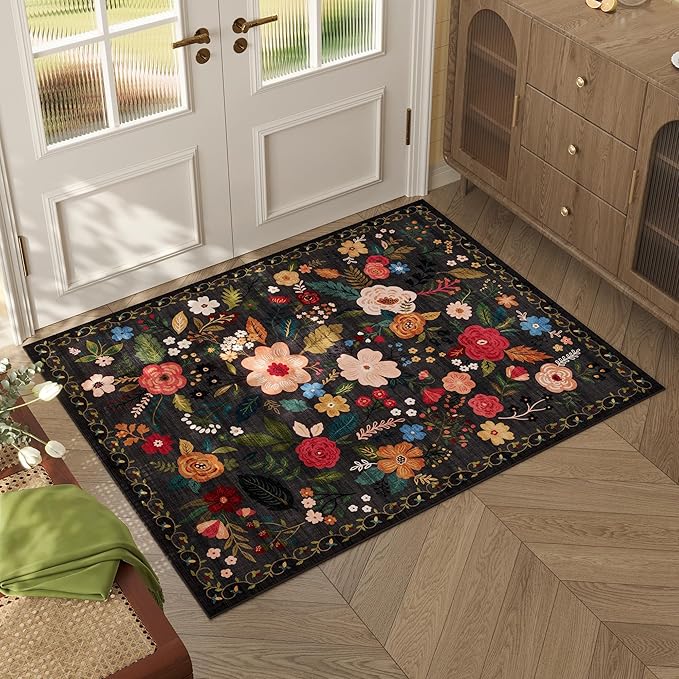 Door Mat Indoor Entrance 2x3 Rug Machine Washable Boho Floral Small Area Rug Non-Slip Low Pile Throw Rugs for Entryway, Kitchen, Front Door Indoor Entrance, Entry, Kids Room (Black)-Ruum Studio Home