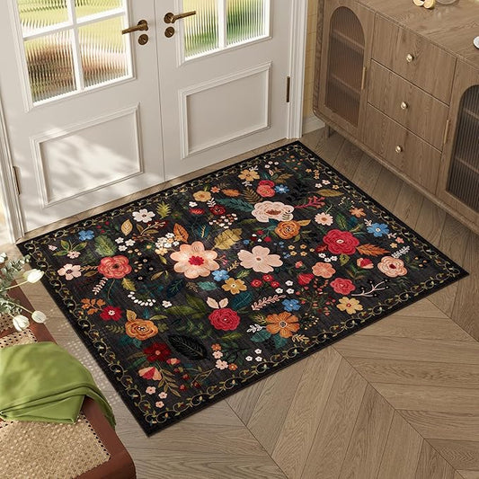 Door Mat Indoor Entrance 2x3 Rug Machine Washable Boho Floral Small Area Rug Non-Slip Low Pile Throw Rugs for Entryway, Kitchen, Front Door Indoor Entrance, Entry, Kids Room (Black)-Ruum Studio Home