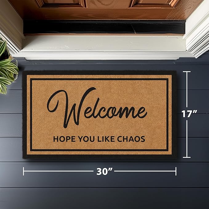 Barnyard Designs Natural Coco Coir Heavy Duty Backing Doormat - Large Cute Non-Slip Front Door Welcome Mat for Outside Entrance or Porch Entry, Brown (17x30, Chaos)-Ruum Studio Home