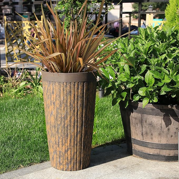 Worth Garden 22.5" H. Plastic Planters - Set of 2 Vintage Brown Tall Conical Plant Pots for Indoor Outdoor Use - Decorative Lightweight Flower Pots for Front Porch, Patio, Deck - 12.5" Dia x 22.5" H-Ruum Studio Home