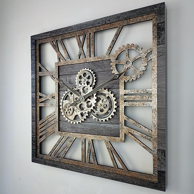 The Gears Clock 24'' Inch Square Real Moving Gear Wall Clock Vintage Industrial Oversized Rustic Farmhouse (Carbon Grey)-Ruum Studio Home