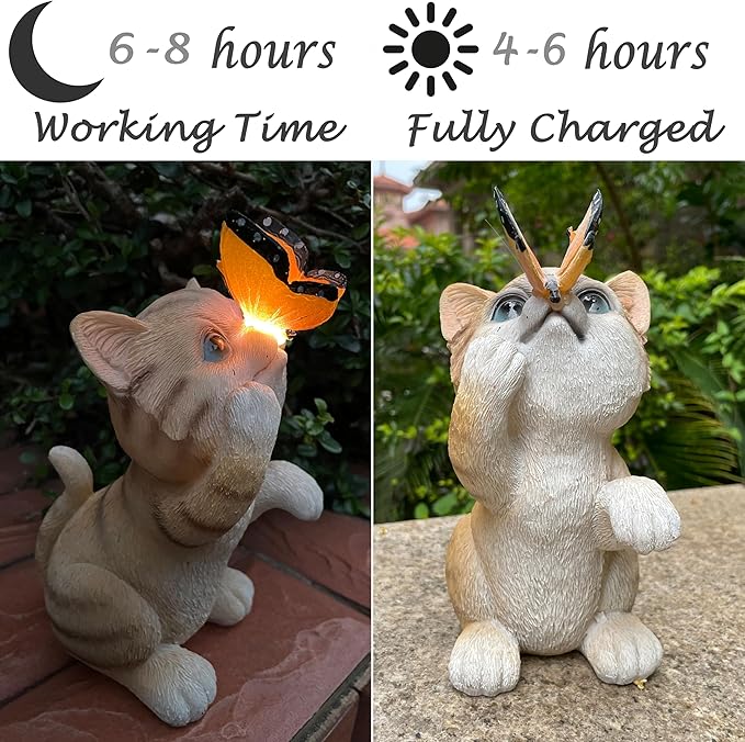 Garden Decor Solar Cat Figurines Cat Lover Gifts with LED Butterfly Lights for Indoor Outdoor Decor for Yard Garden Patio Decor Gifts for Women Grandma Mother's Day Birthday-Ruum Studio Home