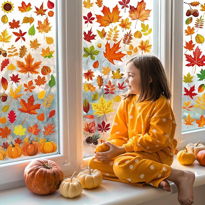 9 Sheets Fall Decorations, 274 PCS Fall Window Clings, Double Sided Autumn Stickers with Maple Leaves Pumpkin Nuts, Autumn Window Clings for Party Thanksgiving Decor Indoor Outdoor Accessories-Ruum Studio Home
