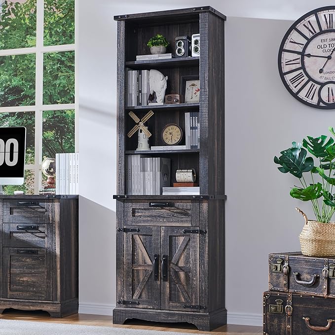 OKD 72'' Tall Bookshelf with Storage, Farmhouse 4 Tier Bookcase w/Barn Door, Adjustable Shelves and Drawers, Rustic Wooden Office Bookshelves for Home Bedroom, Living Room, Library (Dark Rustic Oak)-Ruum Studio Home