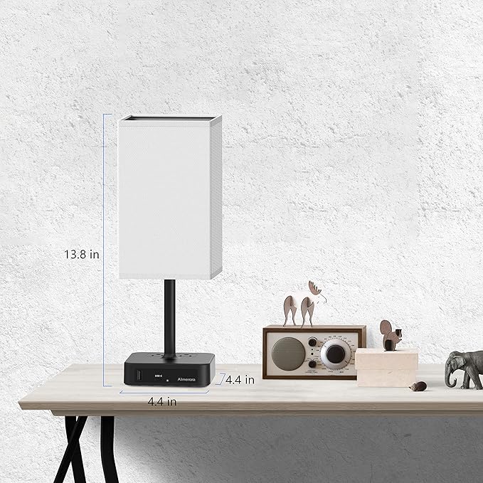 Bedside Table Lamp with Touch Control & USB C+A Charging Ports LED Desk Lamp with 2 AC Outlets, Minimalist Nightstand Light with Black Fabric Shade for Bedroom, Living Room, Office, White-Ruum Studio Home