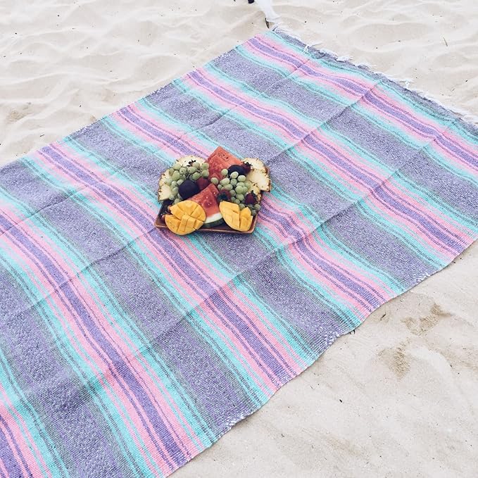 Del Mex Classic Mexican Blanket, Large Authentic Woven Falsa Throw (70"x50"), Artisan Southwest Décor for Beach, Yoga, Outdoors (Mint/Pink/Gray)-Ruum Studio Home
