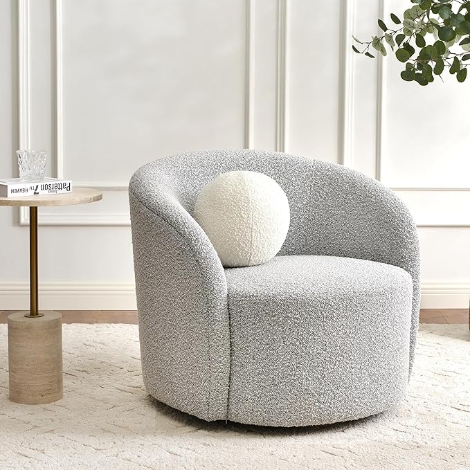 KINWELL Sherpa Swivel Barrel Chair & Round Ball Pillow Set - 34" Wide Modern Boucle Accent Chair with 9” Matching Nordic Decorative Throw Pillow for Living Room and Bedroom(Black White)-Ruum Studio Home