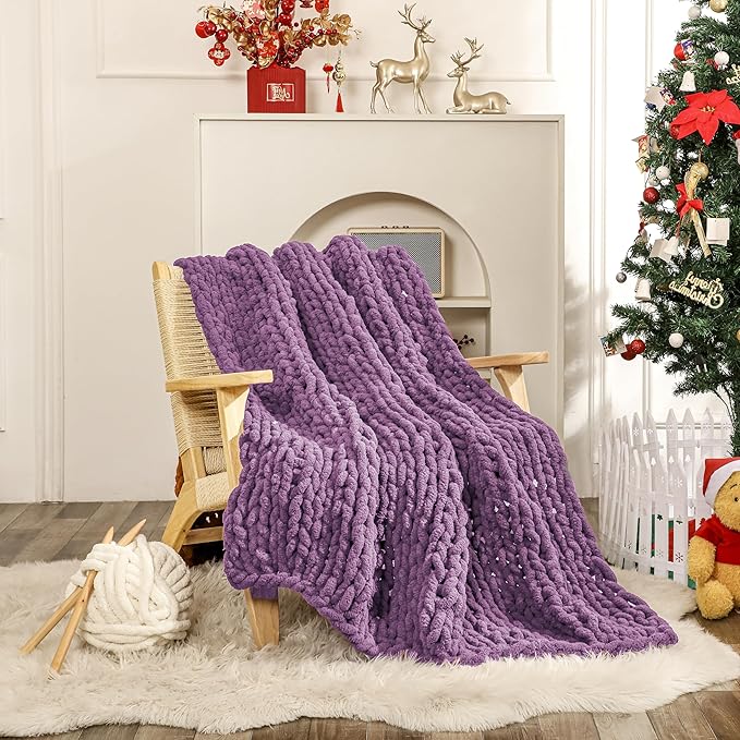 WESHIONGOO Chunky Knit Blanket Throw Knitted Throw Blankets for Couch Bed Fluffy Soft Blanket with Jumbo Chenille Yarn Thick 100% Handmade (Purple, 50"×60")-Ruum Studio Home