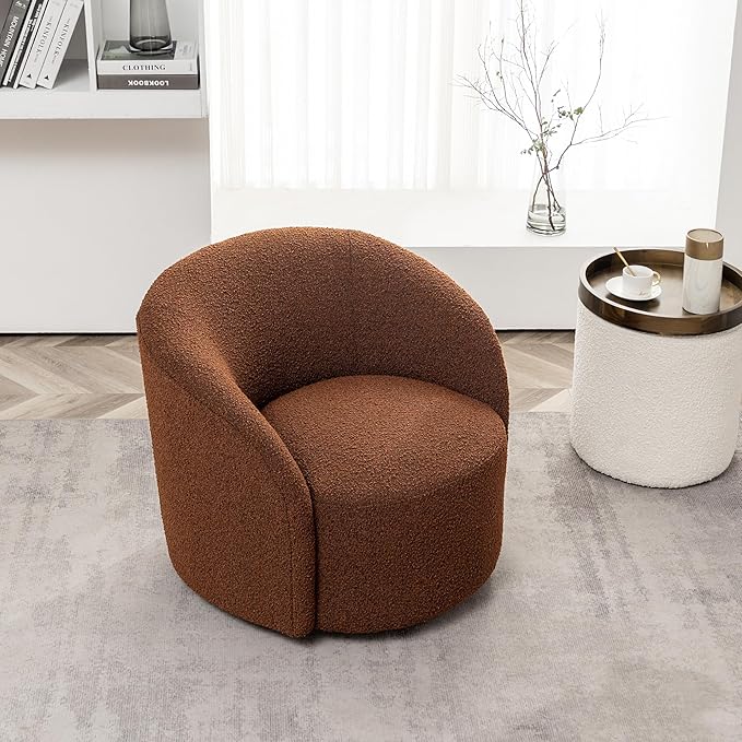 KINWELL 34" W Mid Century Modern Swivel Barrel Chair, Round Upholstered Boucle Swivel Accent Chairs, No Assembly Sofa Chair for Living Room Bedroom Reading Apartment Lounge Nursery-Ruum Studio Home