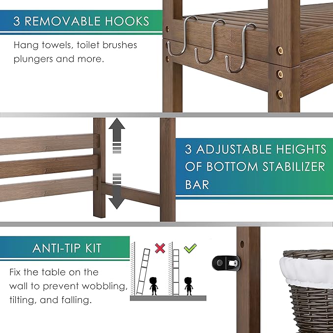 SMIBUY Bathroom Storage Shelf, Bamboo Over-The-Toilet Organizer Rack, Freestanding Toilet Space Saver with 3-Tier Adjustable Shelves (Walnut)-Ruum Studio Home