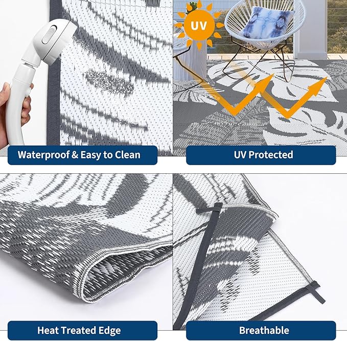 GAOMON Outdoor Rug Waterproof 9x12 Outdoor Plastic Straw Rug for Patio, Reversible Modern Camping Mat with Bag & Stakes, UV Resistant & Easy to Clean Carpet for RV, Deck, Balcony, Grey-Ruum Studio Home