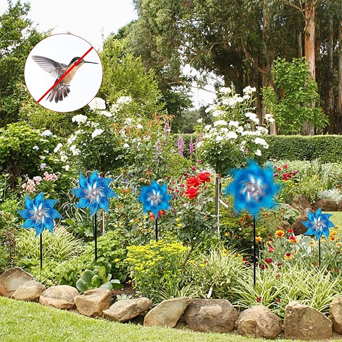 Hausse 10 Pack Reflective Pinwheels with Stakes, Extra Sparkly Pin Wheel for Garden Decor, Bird Repellent Devices Deterrent to Scare Birds Away from Yard Patio Farm, Blue-Ruum Studio Home