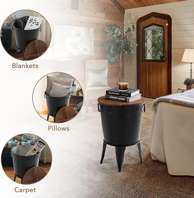 Rustic Storage Farmhouse Accent Side Table, Antique Galvanized Metal End Coffee Cocktail Table Box Bin with Round Wooden Lid Set of 2 (Black)-Ruum Studio Home