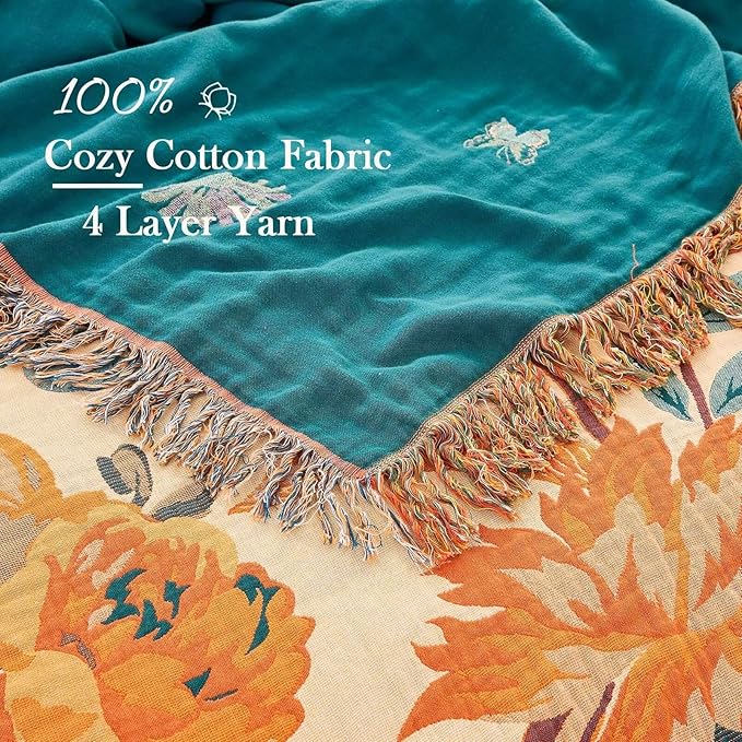 Boho Throw Blanket for Bed, 100% Cotton Soft Rustic Quilt Fall Blanket, 90"x98" Floral Printed Farmhouse Decor Bed Blankets, All Season Rustic Reversible Bohemian Throw Quilt-Ruum Studio Home