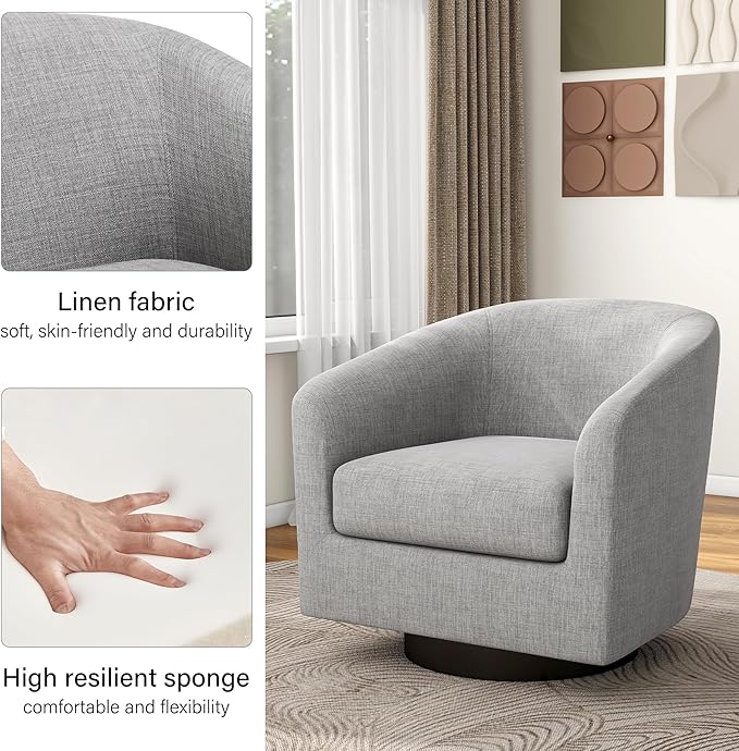 Swivel Barrel Accent Chair Set of 2, Modern Round Linen Arm Chair for Living Room, Bedroom, Comfy Club Reading Chairs for Adults-Linen Fabric Light Grey-Ruum Studio Home