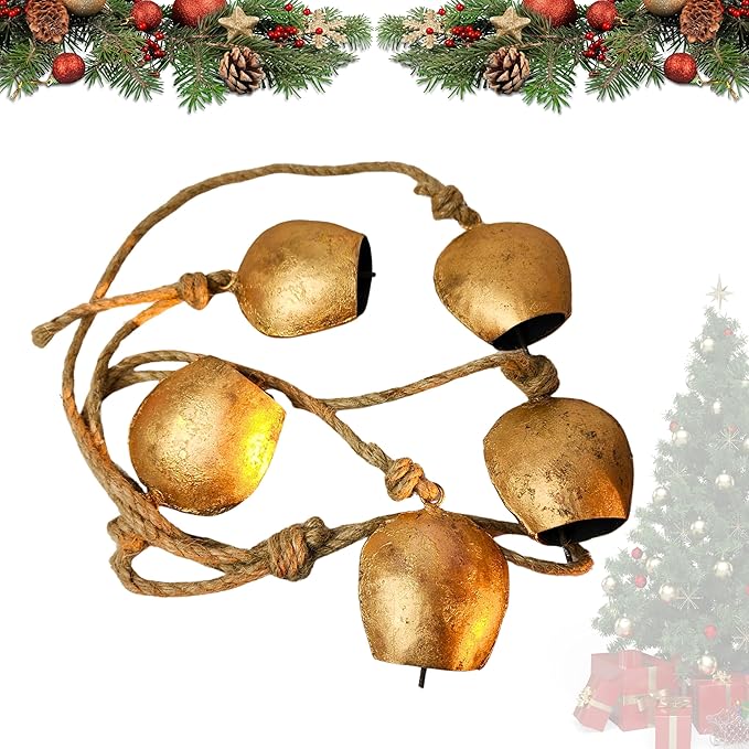 Harmony 5 Cow Bells Cluster on Rope - Large Rustic Vintage Lucky Cow Bells On Rope Wall Hanging Decor-Ruum Studio Home