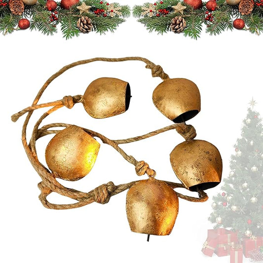 Harmony 5 Cow Bells Cluster on Rope - Large Rustic Vintage Lucky Cow Bells On Rope Wall Hanging Decor-Ruum Studio Home