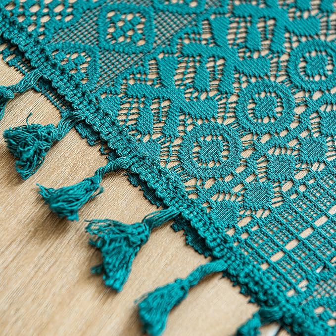 Sutuo Home Boho Valance Curtains for Kitchen Crochet Lace Sheer Bohemian Hollow Knitted with Tassels, Privacy Vintage Rustic Farmhouse Drapes, Rod Pocket 1 Panel 59" W x 18" L, Turquoise-Ruum Studio Home