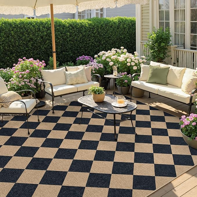 Lahome Checkered Easy Jute Outdoor Rug, Large 6x9 Rug for Living Room Checkerboard Indoor Outdoor Carpet, Farmhouse Patio Office Mat Geometric Non Slip Black Carpet for Backyard Dining Room-Ruum Studio Home