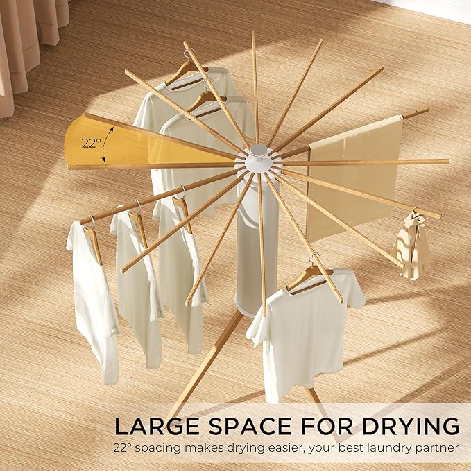 Tripod Clothes Drying Rack, Garment Rack Portable and Foldable Space Saving Laundry Drying Rack - Dryer Rack Clothing Floor Folding Balcony Bedroom Household (Beige(Wood), 16 rods)-Ruum Studio Home