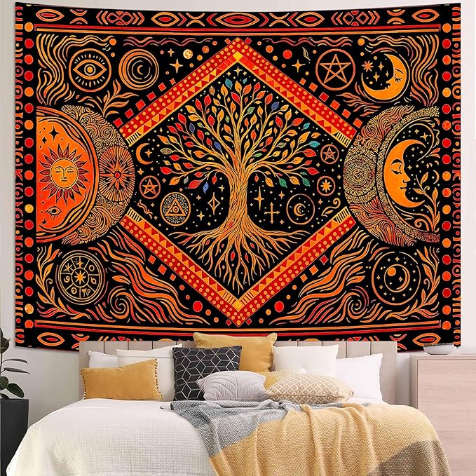 Lunerfex Tree of Life Sun Moon Stars Wall Tapestry, Cosmic Harmony Symbol Tapestries for Home Decor, Mystical Tapestry 60x44 Inch-Ruum Studio Home