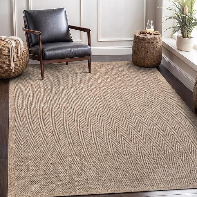 CAMILSON Easy Jute Rug 5x7, Indoor Outdoor Natural Color Fiber Area Rugs for Living Room Patio and Kitchen Rug Herringbone Seagrass Woven Design Easy-Cleaning Washable Outside Carpet Alfombras 5 x 7-Ruum Studio Home