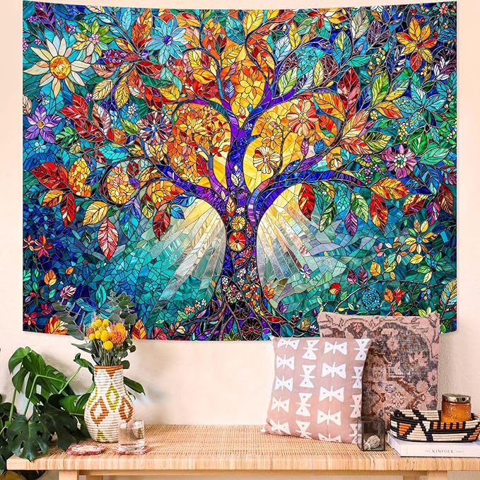 Lunerfex Tree of Life Tapestry Stained Glass Tapestry Wall Decor Tapestries for Bedroom Art Tapestries Wall Hanging for Bedroom Living Room Glass-Tree-02 60"x80"-Ruum Studio Home