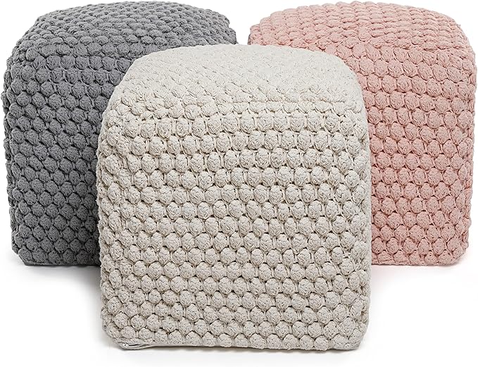 BIRDROCK HOME Bud Pouf Foot Stool Ottoman - Knit Bean Bag Floor Chair - Cotton Braided Cord - Great for The Living Room, Bedroom and Kids Room - Small Furniture-Ruum Studio Home