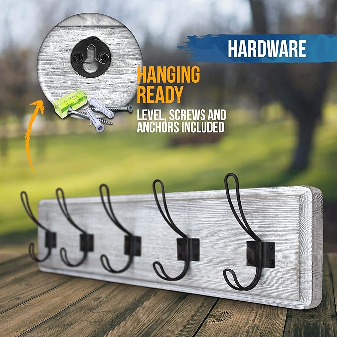 HBCY Creations Rustic Coat Rack - Wall Mounted Whitewash 24" Entryway Coat Hooks - 5 Rustic Hooks, Solid Pine Wood. Perfect Touch for Your Entryway, Kitchen, Bathroom... (Whitewash)-Ruum Studio Home
