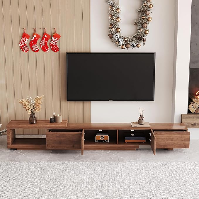 Mid Century Modern TV Stand for 75+ Inch TVs, Extendable Media Console (78"-103") with Ample Storage - Sleek Walnut Entertainment Center for Living Room-Ruum Studio Home