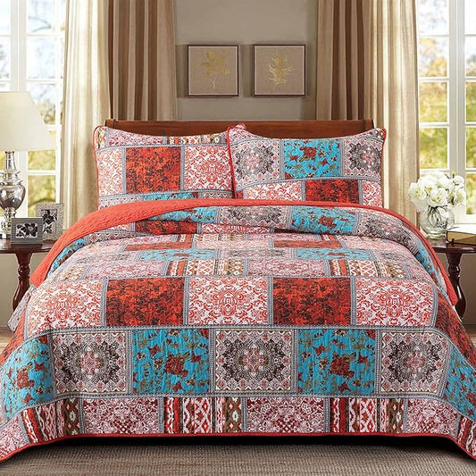 NEWLAKE Cotton Bedspread Quilt Sets-Reversible Patchwork Coverlet Set, Mediterranean Classic Bohemian Pattern,King Size-Ruum Studio Home