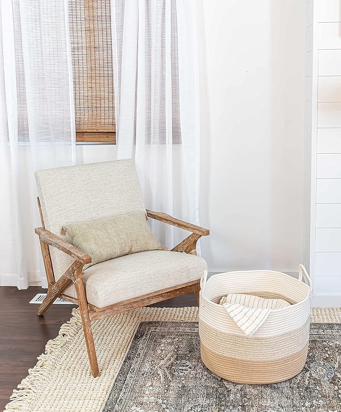 OrganiHaus Extra Large Blanket Basket for Living Room 20x13, Natural Cotton Rope Laundry Basket, Sturdy Hamper for Toy Storage, Cushions & Pillows Storage Bin, Nursery Decor Hamper - Honey-Ruum Studio Home