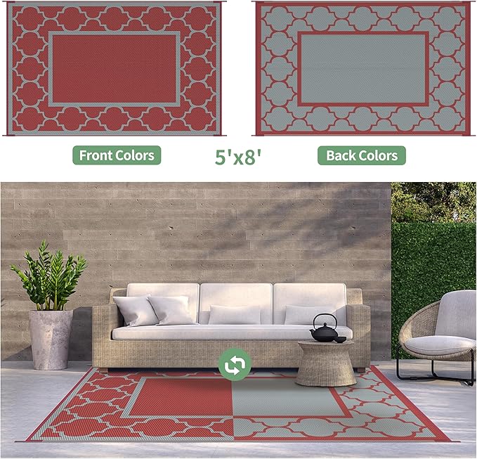 GENIMO 5' x 8' Outdoor Rug Waterproof for Patio Decor, Foldable Reversible Plastic Straw Area Rugs Mat for Camper, Outside Carpet for Rv, Deck, Porch, Picnic, Beach, Balcony, Red & Grey-Ruum Studio Home