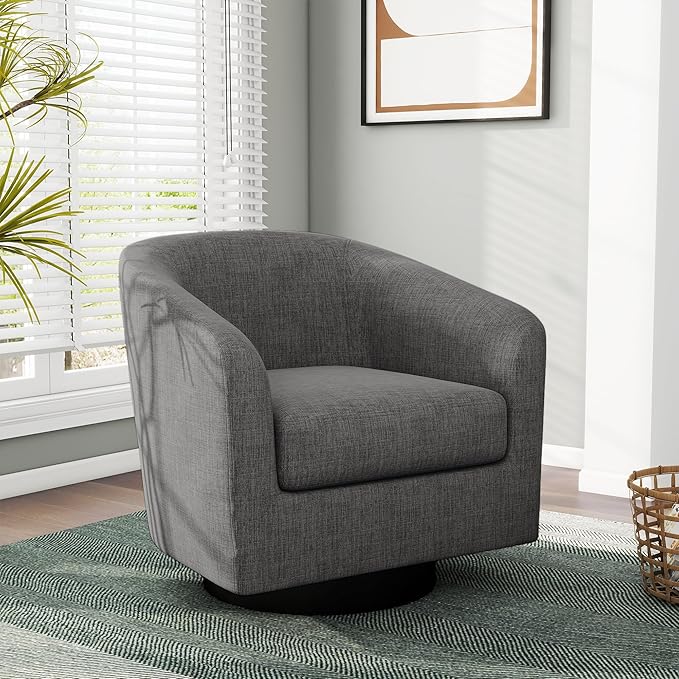 Swivel Barrel Accent Chair, Modern Round Linen Arm Chair for Living Room, Bedroom, Comfy Club Reading Chairs for Adults（Linen Fabric, Grey, Set of 1-Ruum Studio Home