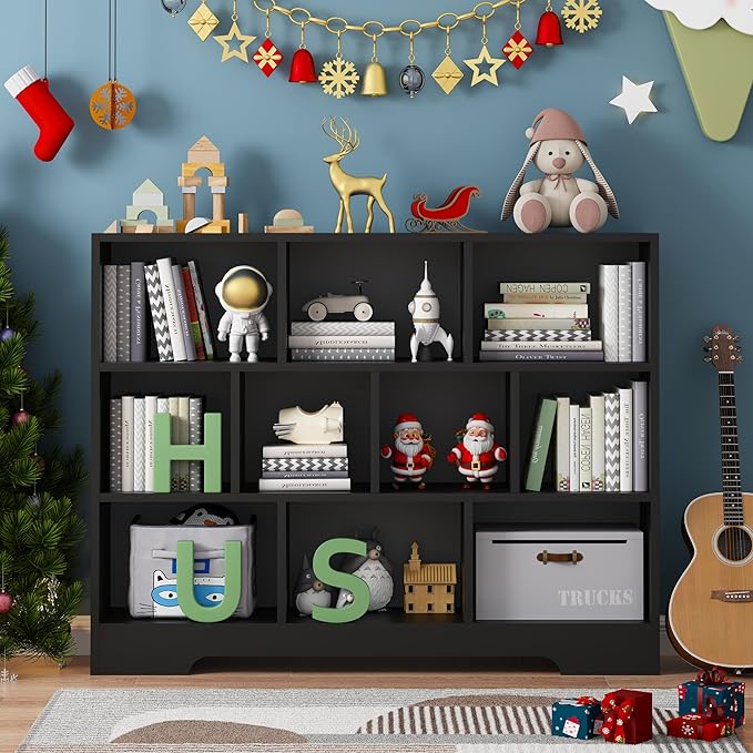 Book Shelf Set of 2, 10 Cubes Storage Organizer, 3-Tier Open Bookshelf Wooden Bookcase, Freestanding Black Bookshelf Cube Shelf for Bedroom, Living Room, Home Office-Ruum Studio Home