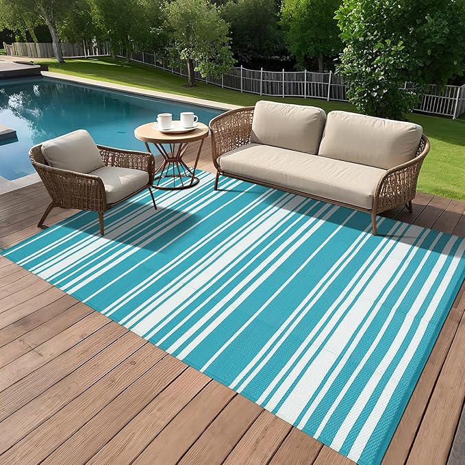 Waterproof Outdoor Rug 8x10 Contemporary Reversible Plastic Straw Rug, Easy Cleaning Striped Patio Carpet, UV-Resistant Indoor Outdoor Floor Cover for RV, Porch, Deck, Backyard, Light Blue-Ruum Studio Home