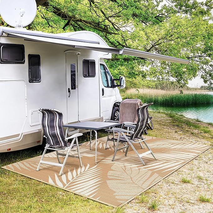 GENIMO Outdoor Rug 9' x 12' Waterproof for Patios Clearance, Reversible Outdoor Plastic Straw Camping Rug Carpet, Large Area Rugs Mats for RV, Camper, Deck, Balcony, Porch, Beach, Picnic, Brown&Beige-Ruum Studio Home