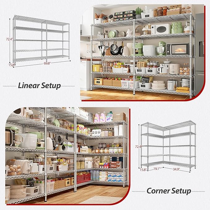 REIBII 69.8" W Storage Shelves 1510LBS Wire Shelving Unit 5 Tier Metal Shelving for Storage Rack Shelves Adjustable Heavy Duty Garage Shelf Pantry Shelves Kitchen Shelving,69.8"Wx15.8"Dx72.4"H,Chrome-Ruum Studio Home