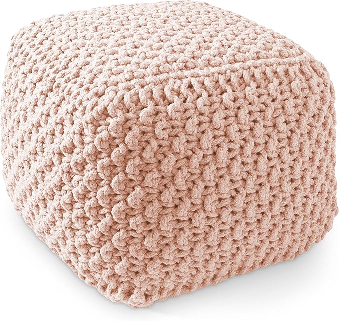 Casafield Square Pouf Ottoman, Light Pink 18.5" W x 18.5" D x 14.5" H Cotton Knit Foot Stool - Boho Floor Pouffe for Living Room, Bedroom, Home Office-Ruum Studio Home