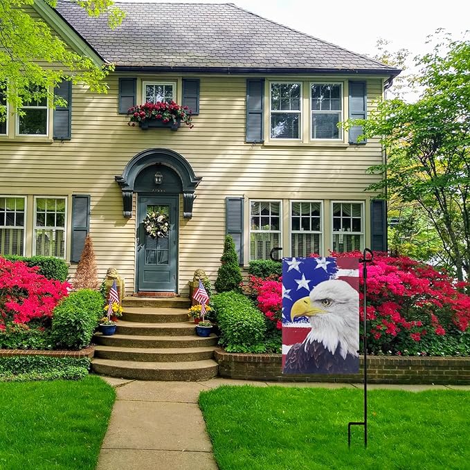 TOPFLAGS Garden Flag Stand with American Garden Flags Patriotic Stars and Eagle Yard Flag 12x18 Inch Holder Pole Stake Double Side for Outside with Clips and Stopper for Memorial Day 4 th of July-Ruum Studio Home