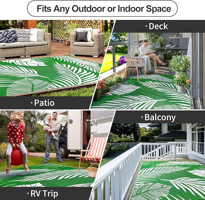 Waterproof Outdoor Rug 8x10ft, Green Leaf Reversible Plastic Straw Mat for Patio RV Deck Porch Backyard Balcony Camping Picnic Beach Indoor Outdoor Carpet, Green&White-Ruum Studio Home